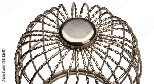 Close-up of a metal wire mesh fruit basket with a central silver button, showcasing its intricate design and reflective surface against a white background.