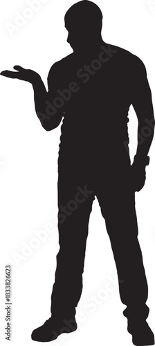 vector,  silhouette of front view of a man showing the palm of his hand and looking at it