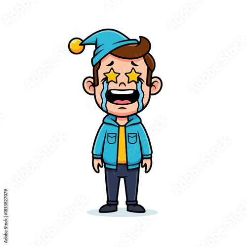 A cartoon boy wearing a blue nightcap crying with large tears and star-shaped eyes, expressing a mix of sadness and amazement.