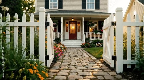 Charming Suburban Home Entrance With White Picket Fence And Cobblestone Pathway Surrounded By Lush Colorful Garden Flowers