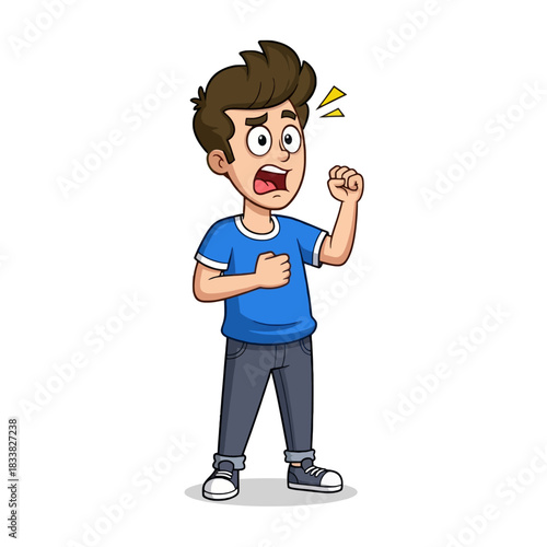 A cartoon illustration of a young man looking shocked and frightened, with his mouth open and fist clenched in surprise.