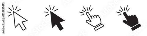 Click cursor icon set with minimal linear and solid symbols including mouse pointer, hand click, tap gesture and click effect elements for UI, apps, websites and digital interfaces in modern outline s