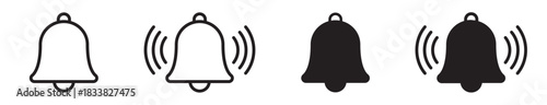 Notification bell icon set with minimal linear and solid symbols including alert bell, ringing effect, reminder, sound notification and alarm elements in clean modern outline style – stock vector