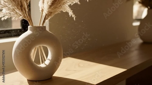Minimalist Ceramic Vase Decor With Pampas Grass Display On Wooden Surface Under Warm Soft Natural Sunlight Interior