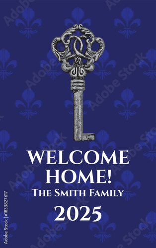 Vector banner or custom, personalized alcohol bottle label featuring a key. With vintage lettering, font, and decor. Suitable for housewarmings, anniversaries, and celebrations. No AI.