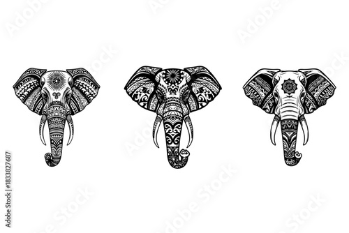 Ornate trio of stylized elephant heads, intricately adorned with detailed mandala patterns and cultural motifs, symbolizing wisdom, strength, and majestic elegance in monochrome vector art