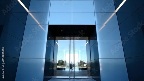 Modern Glass Office Entrance With Reflective Architectural Design Showcasing Sleek Corporate Building Exterior View