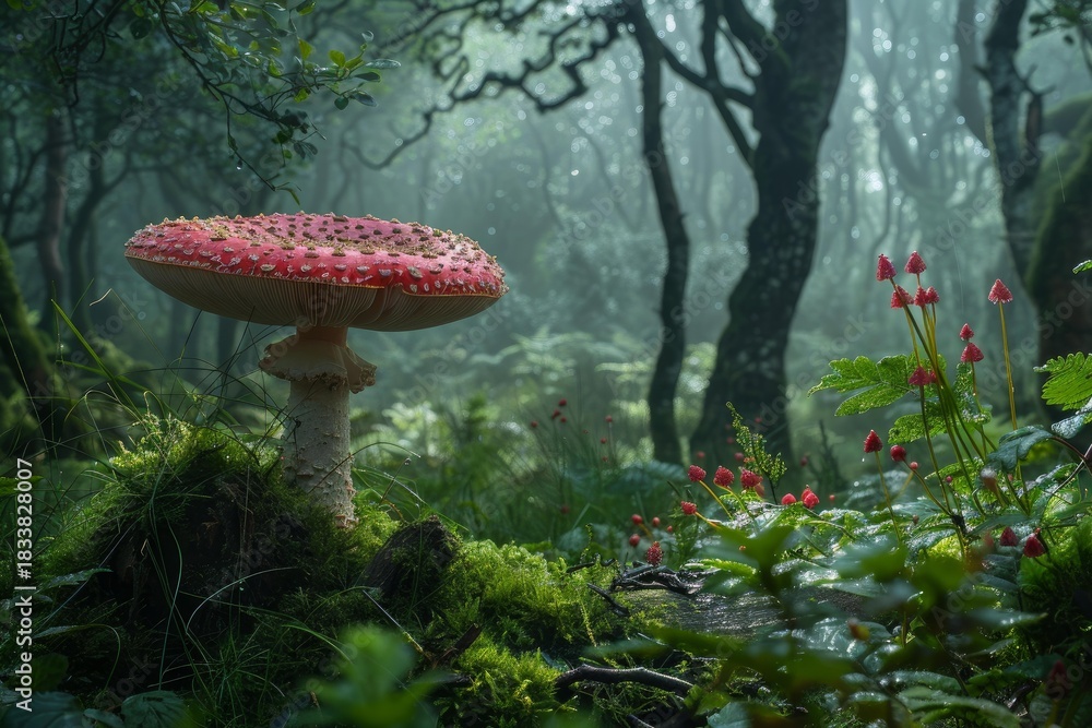 Naklejka premium Fly agaric mushroom growing on mossy ground in magical foggy forest with small red flowers
