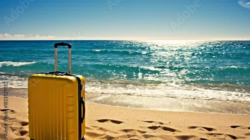 Sunny Beachfront Vacation Scene With Yellow Suitcase By Ocean Shore Under Bright Summer Sunlight Horizon View