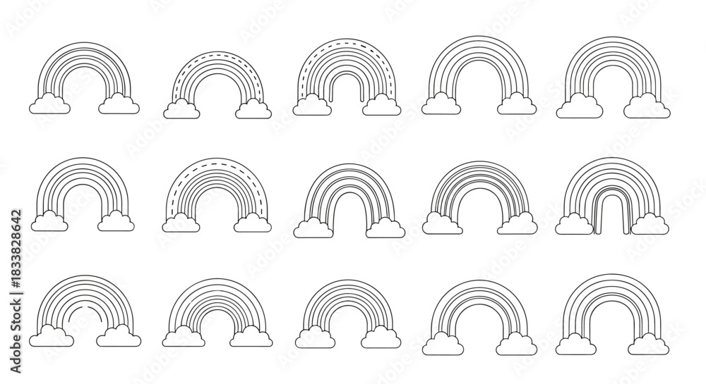 Fototapeta premium Minimalist black and white outline illustrations of rainbows with clouds, offering a variety of arch styles for creative projects.