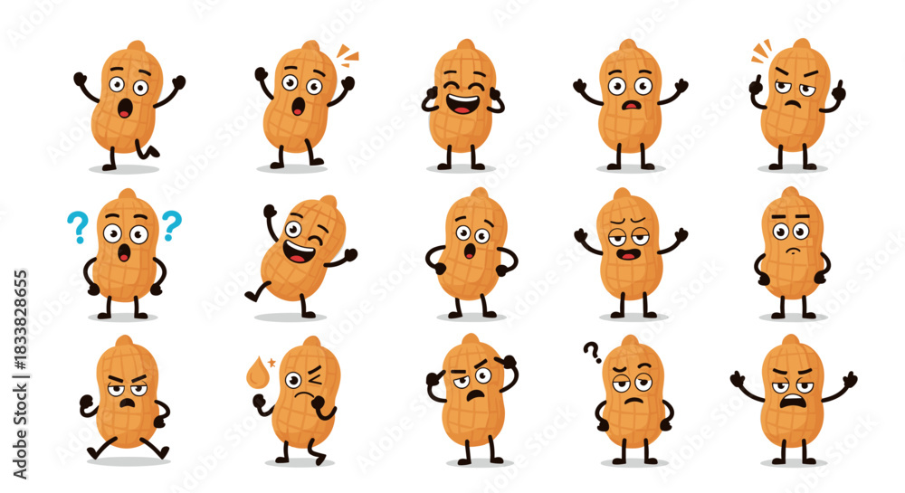 Fototapeta premium Adorable peanut characters with big eyes and expressive faces illustrating diverse human emotions in a fun style.