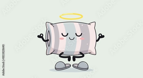 A cute cartoon pillow character with a serene expression meditates peacefully in a lotus pose, complete with a glowing halo and cozy slippers.