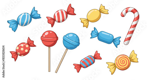 Collection of colorful cartoon candies, lollipops, and a candy cane, isolated on a white background.
