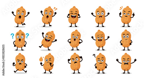 Adorable peanut characters with big eyes and expressive faces illustrating diverse human emotions in a fun style.