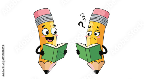 Two cartoon pencils read books, one happily understanding and the other looking confused, illustrating different learning experiences.