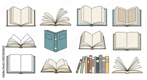 A collection of various opened books, a closed book, and a stack of books, illustrated in a clean, vector style.