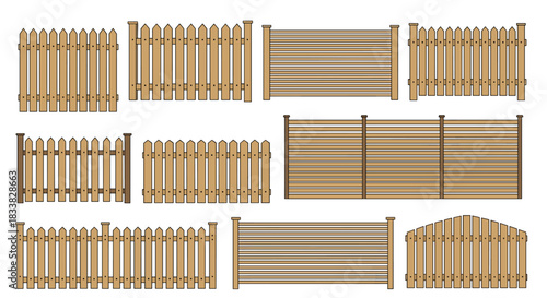 A collection of diverse wooden fence designs, showcasing traditional picket fences, modern horizontal slat panels, and decorative garden barriers.