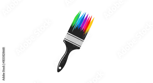 A sleek black paintbrush with bristles dipped in a vibrant rainbow spectrum, symbolizing creativity, art, and colorful expression.