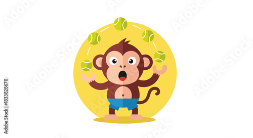 A cute surprised monkey in blue shorts is skillfully juggling six tennis balls against a bright yellow background.