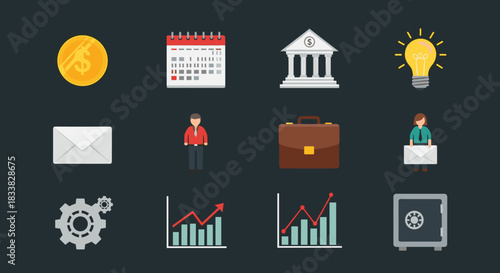 A comprehensive set of flat design icons representing various aspects of business, finance, office work, and innovation.