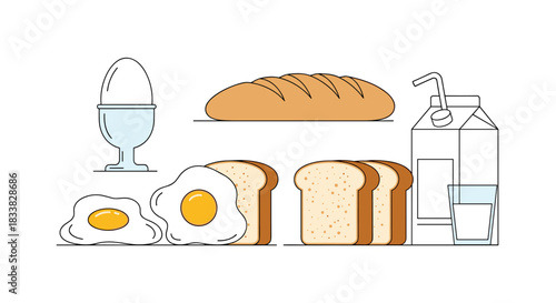 Simple vector illustrations showcasing essential breakfast foods including eggs, different types of bread, and milk, against a clean white backdrop.