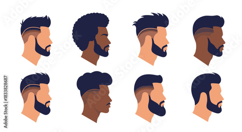 Diverse group of male profiles featuring modern haircuts, fade styles, and various beard types, reflecting contemporary men's grooming trends.