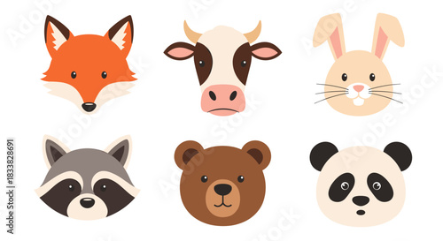 A delightful collection of six cute cartoon animal faces, featuring a fox, cow, rabbit, raccoon, bear, and panda, on a white background.