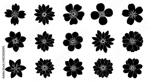 Diverse collection of stylized black flower silhouettes on a clean white background, perfect for graphic design elements and botanical themes.