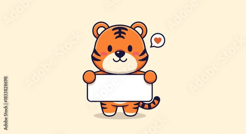 A cute cartoon tiger mascot character smiles happily while holding a blank white sign for your message, with a heart bubble.