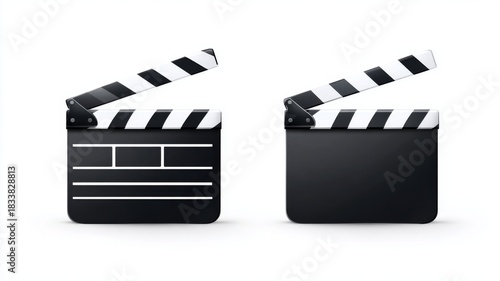Clapperboard icon set with open and closed movie slate symbols for film, cinema, video production, and entertainment design on white background