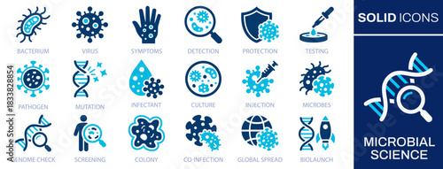 Microbial science solid icons. Representing pathogens, analysis, mutation, protection, and bio-screening.