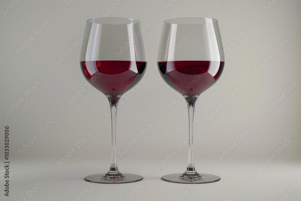 Obraz premium Two glasses filled with red wine stand on a minimalist background, creating an elegant and inviting scene