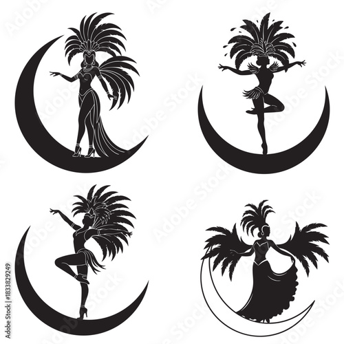 Feathered dancer silhouettes posed on crescent moons