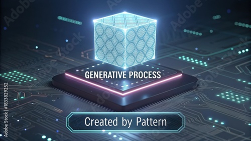 Fototapeta Naklejka Na Ścianę i Meble -  Futuristic Cubic Structure Symbolizing Generative Process in Digital Environment with Circuit Elements and Glowing Effects