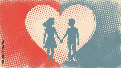 Vintage Halftone Couple Holding Hands Silhouette on Divided Red and Blue Heart Background