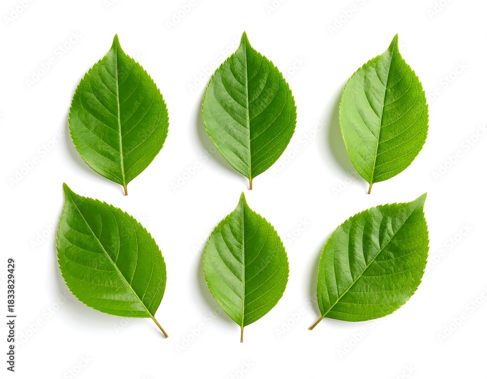 Fototapeta premium Six vibrant green leaves with prominent veins, arranged on a stark white background. Natural light casts shadows, highlighting texture