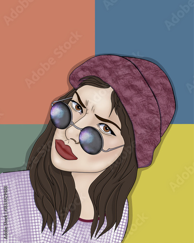Serious Girl with a Curious Look – Minimalist Illustration on Color Blocks