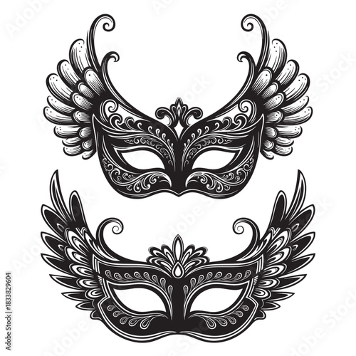 Ornate black masquerade masks with decorative wings