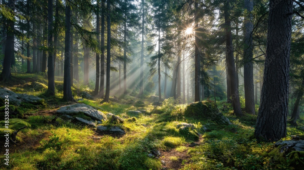 Fototapeta premium Gentle rays of sunlight shine through the tall trees of a peaceful forest in the early morning. Morning mist lingers among the greenery creating a tranquil atmosphere.