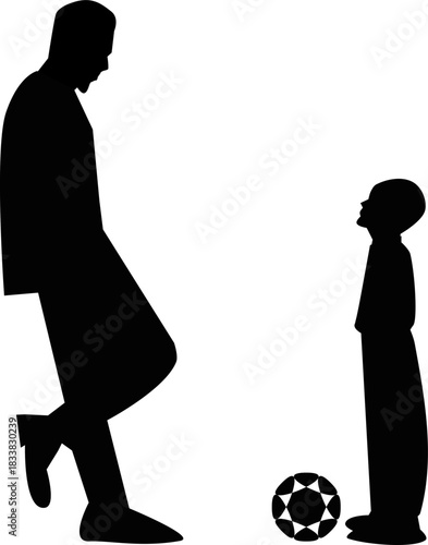 A black silhouette vector of a father and child playing together with a ball, representing joy, outdoor activity, and a positive parent–child connection.