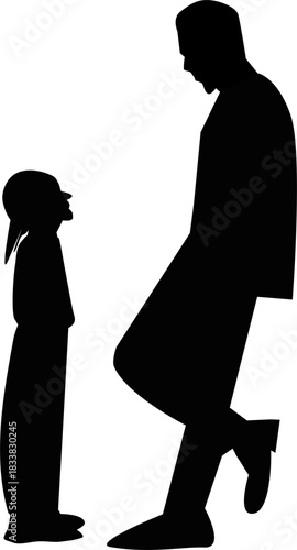 A black silhouette vector showing a father walking with his young daughter, highlighting caring parenthood, protection, and a loving family relationship.