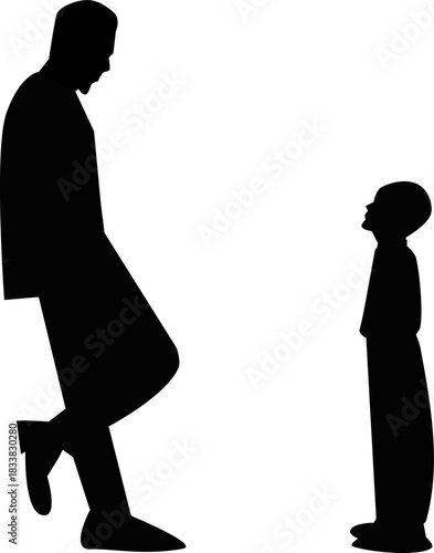 A black silhouette vector of a father walking hand in hand with his child, capturing a warm and touching moment of family bonding in a simple minimalist style.