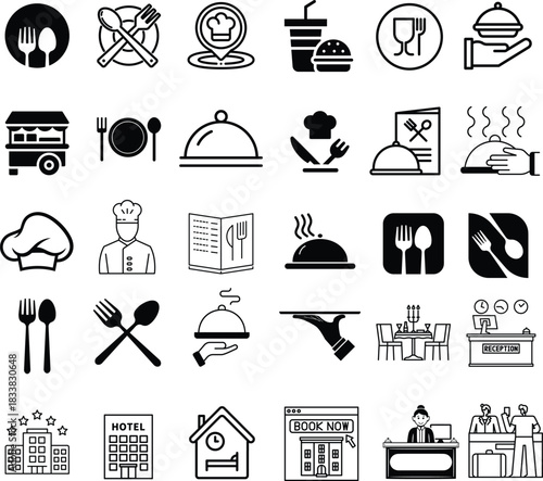 Collection of clean vector icons for hotels, restaurants and food service businesses. Includes symbols for meals, beverages, room service, reservations, kitchen tools, delivery, hospitality and dining