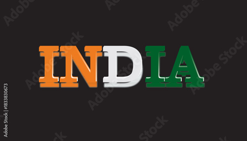 Bold INDIA typography in tricolor shades of orange, white, and green. Modern patriotic text design with clean lettering and vibrant color contrast.