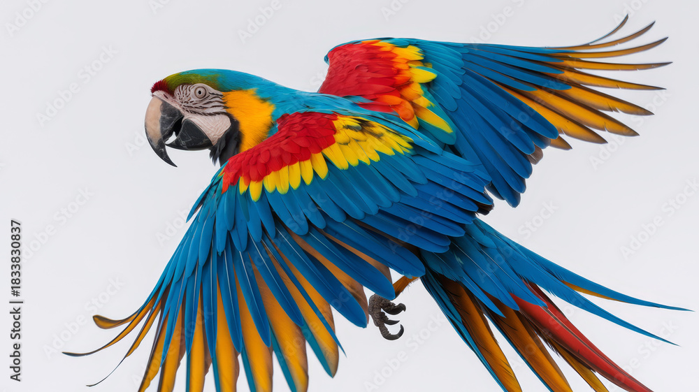 Fototapeta premium Vibrant macaw in flight showcasing its striking blue red and yellow plumage against a light background.