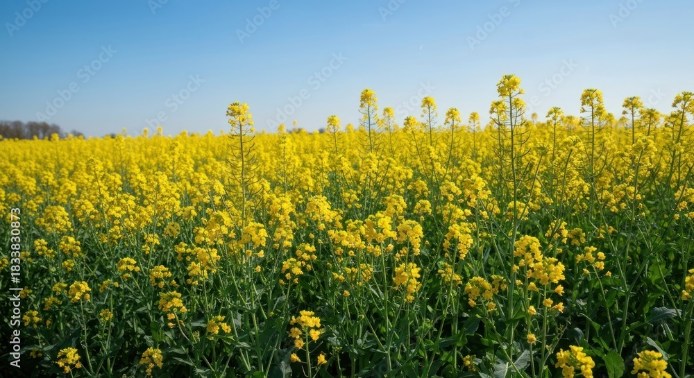 Fototapeta premium Vast field of bright yellow flowers under a clear, blue sky