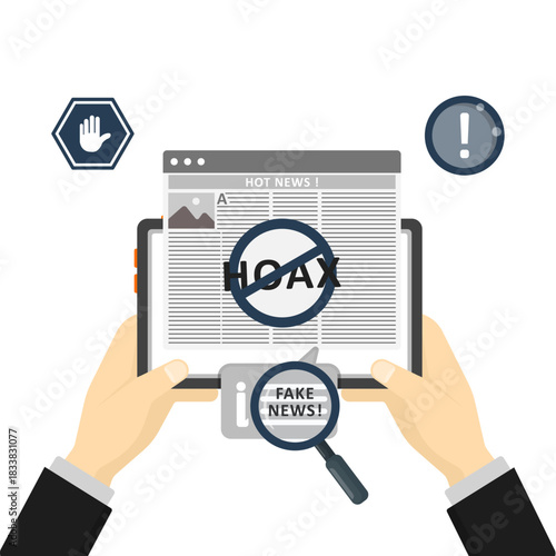 Hands holding a tablet with fake news detected, suitable for digital literacy campaigns, news verification articles, and online misinformation.