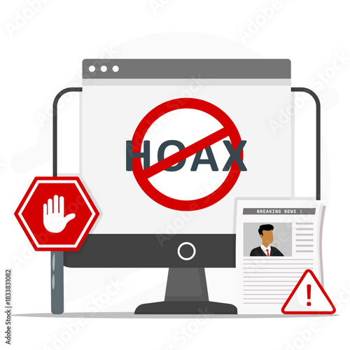 Illustration of a computer screen with a no hoax symbol, warning signs, and news content. Representing fake news prevention, misinformation alerts, and online information safety.