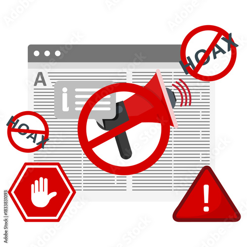 Illustrates fighting misinformation with warnings stop signs and cancelled speech. Suitable for news articles, social media posts, websites.