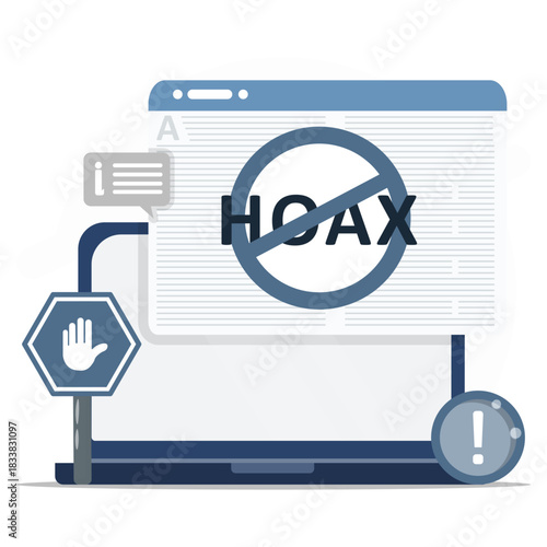 Illustration about misinformation prevention showing a no hoax symbol, warning icons, and a laptop interface. Promoting fact checking and safe online information.